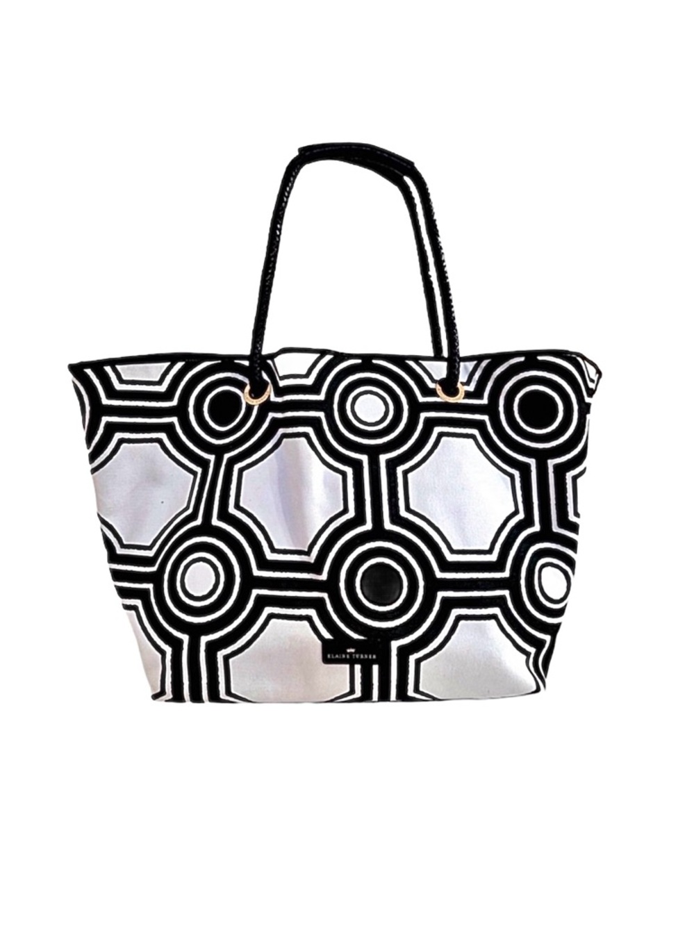 ELAINE TURNER ~ Black and White Oversized Geometric Tote w/Red Geometric Lining